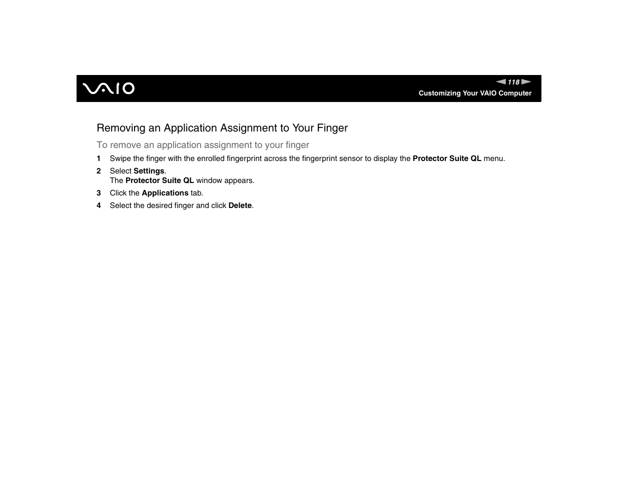 Removing an application assignment to your finger | Sony VGN-TXN17P User Manual | Page 118 / 212