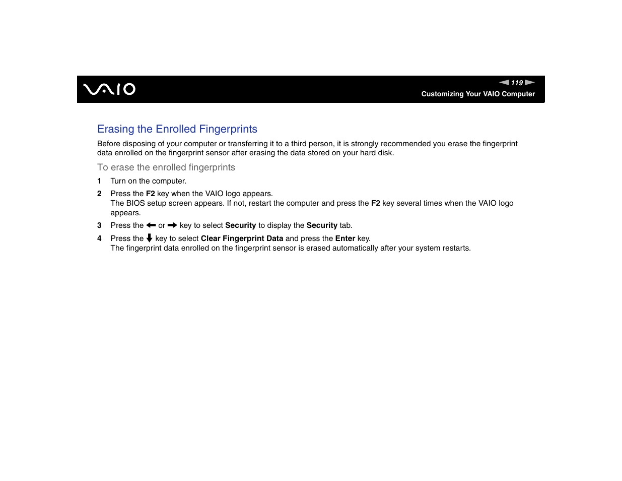 Erasing the enrolled fingerprints | Sony VGN-TXN17P User Manual | Page 119 / 212
