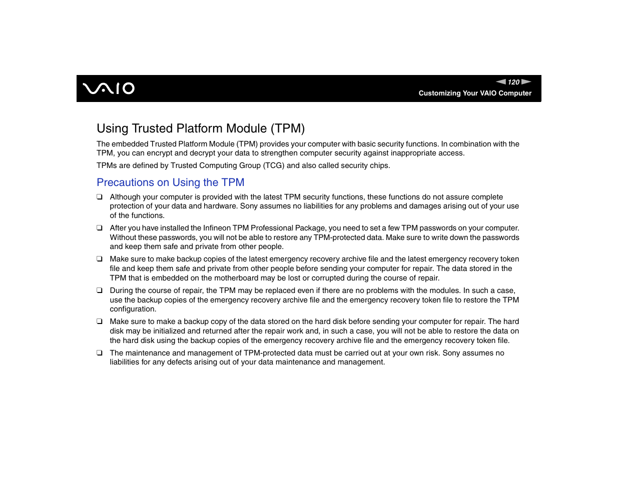 Using trusted platform module (tpm), Precautions on using the tpm | Sony VGN-TXN17P User Manual | Page 120 / 212