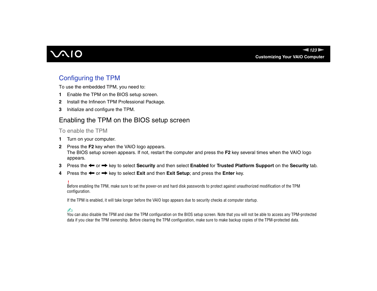 Configuring the tpm, Enabling the tpm on the bios setup screen | Sony VGN-TXN17P User Manual | Page 123 / 212