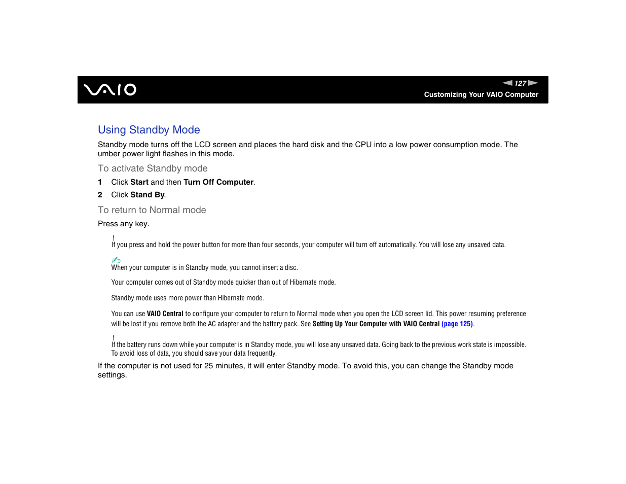 Using standby mode | Sony VGN-TXN17P User Manual | Page 127 / 212