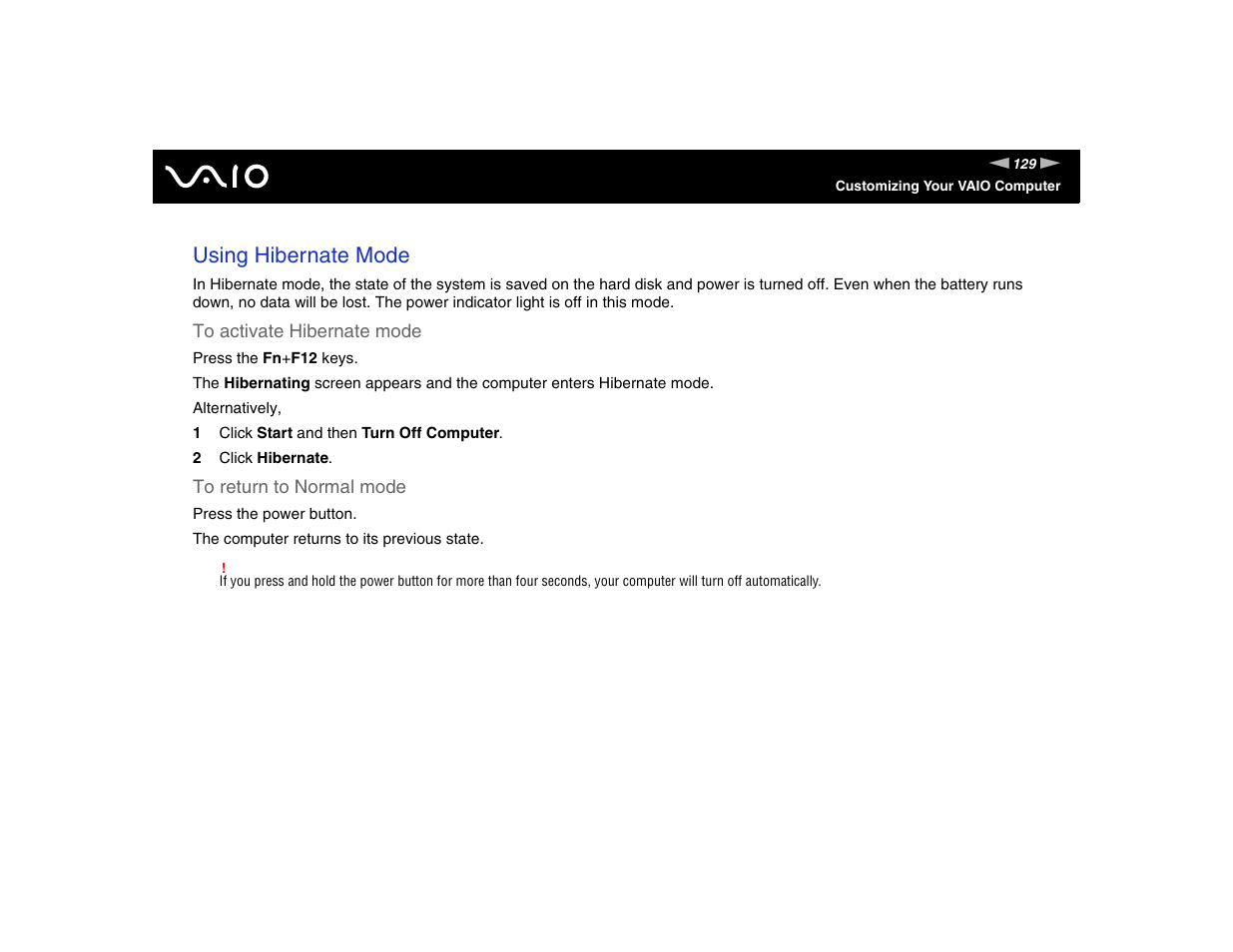 Using hibernate mode | Sony VGN-TXN17P User Manual | Page 129 / 212