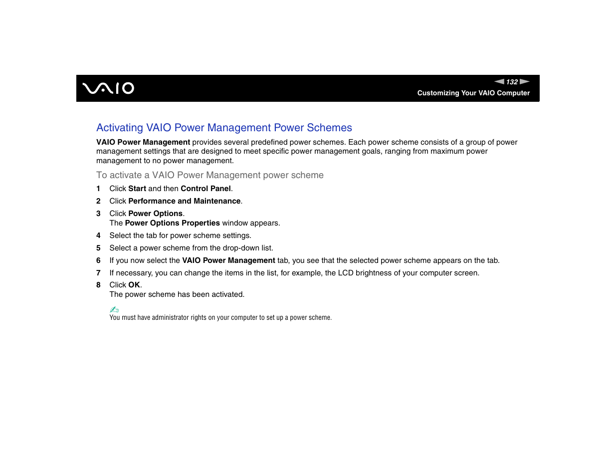 Activating vaio power management power schemes | Sony VGN-TXN17P User Manual | Page 132 / 212