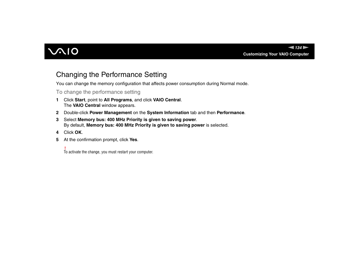 Changing the performance setting, Setting | Sony VGN-TXN17P User Manual | Page 134 / 212