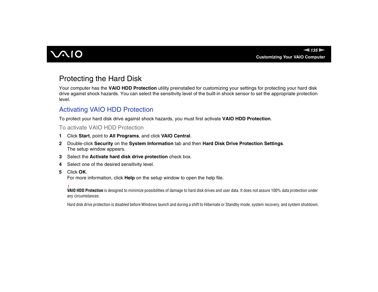 Protecting the hard disk, Activating vaio hdd protection | Sony VGN-TXN17P User Manual | Page 135 / 212