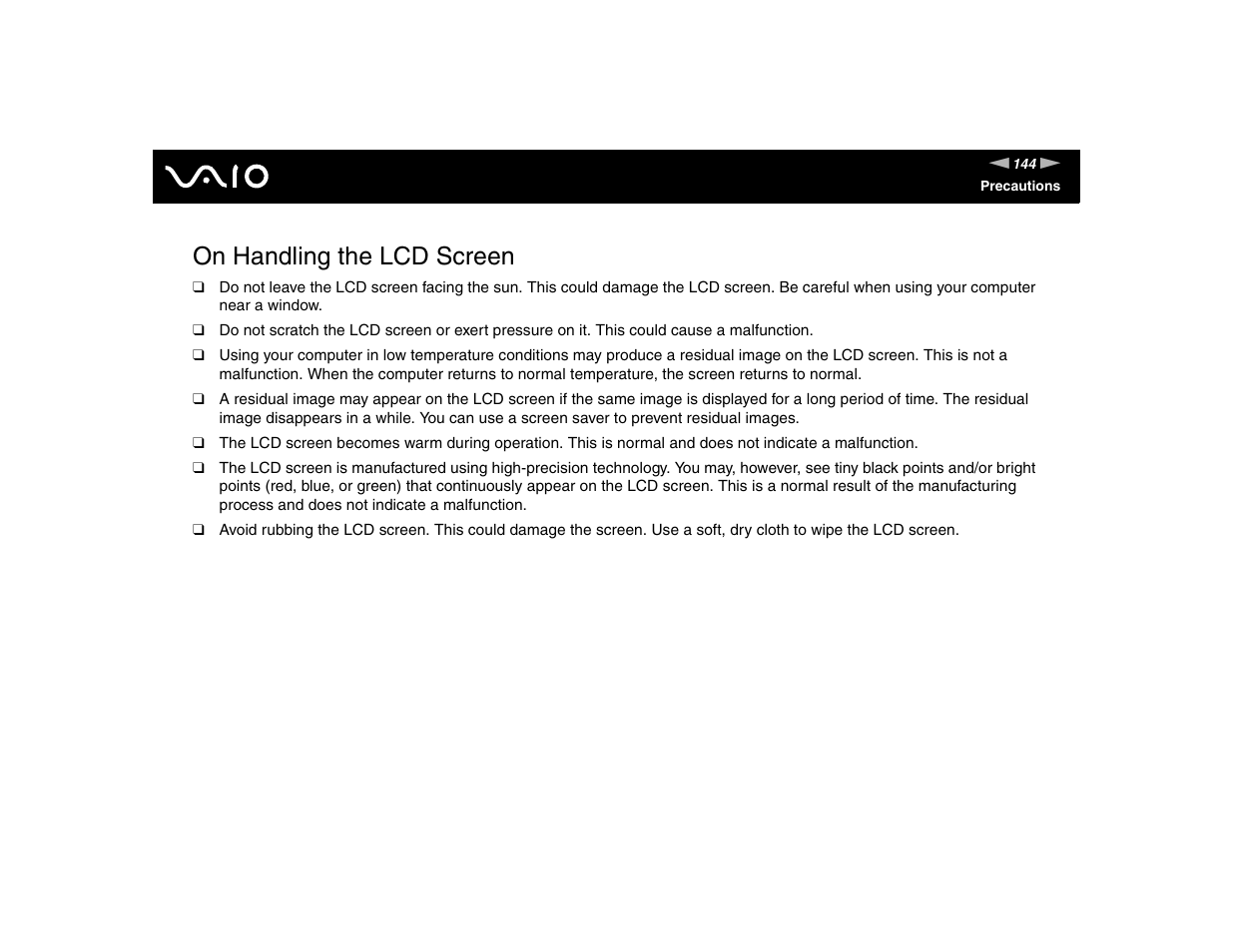 On handling the lcd screen | Sony VGN-TXN17P User Manual | Page 144 / 212