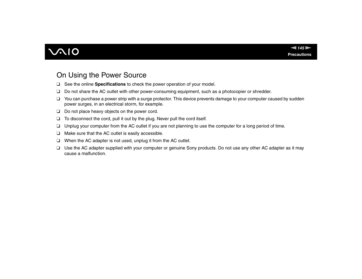 On using the power source | Sony VGN-TXN17P User Manual | Page 145 / 212