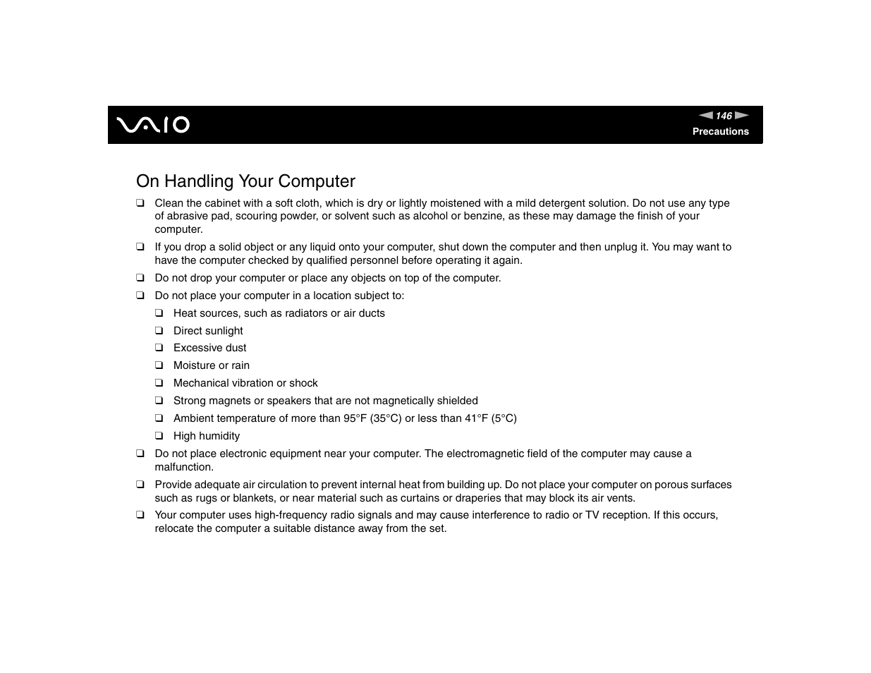 On handling your computer | Sony VGN-TXN17P User Manual | Page 146 / 212