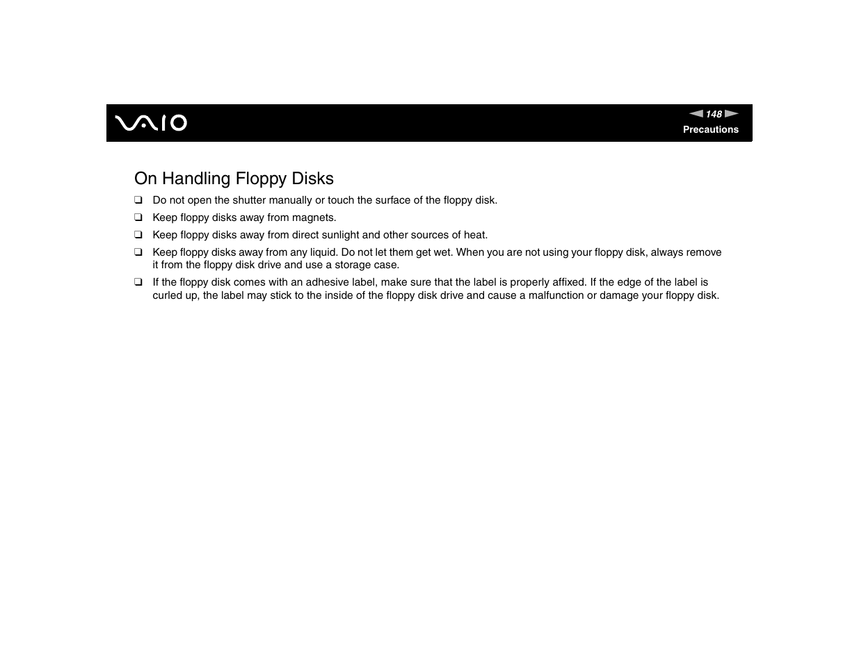 On handling floppy disks | Sony VGN-TXN17P User Manual | Page 148 / 212