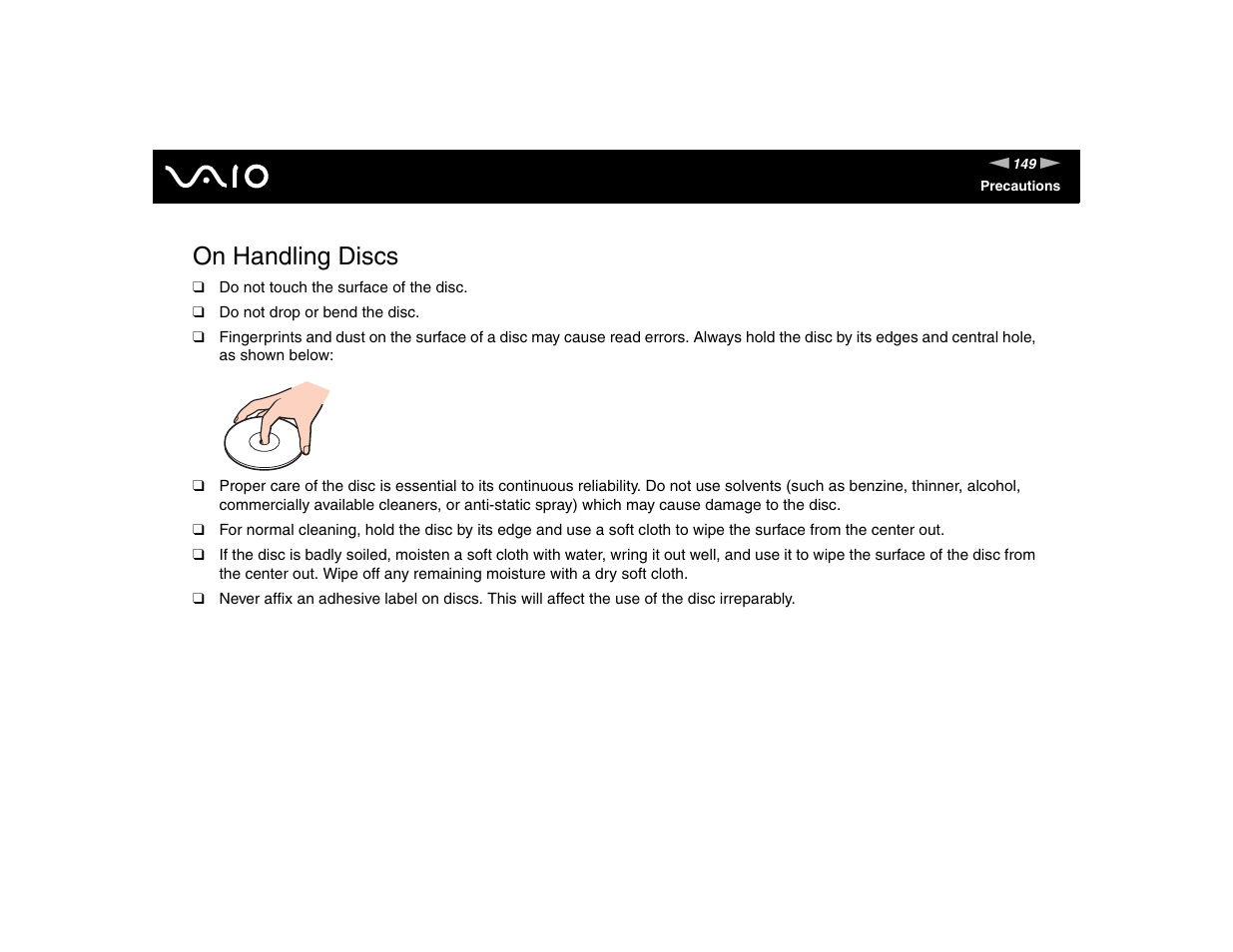 On handling discs | Sony VGN-TXN17P User Manual | Page 149 / 212