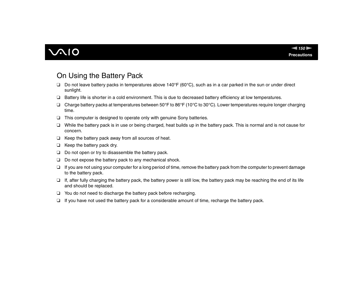 On using the battery pack | Sony VGN-TXN17P User Manual | Page 150 / 212