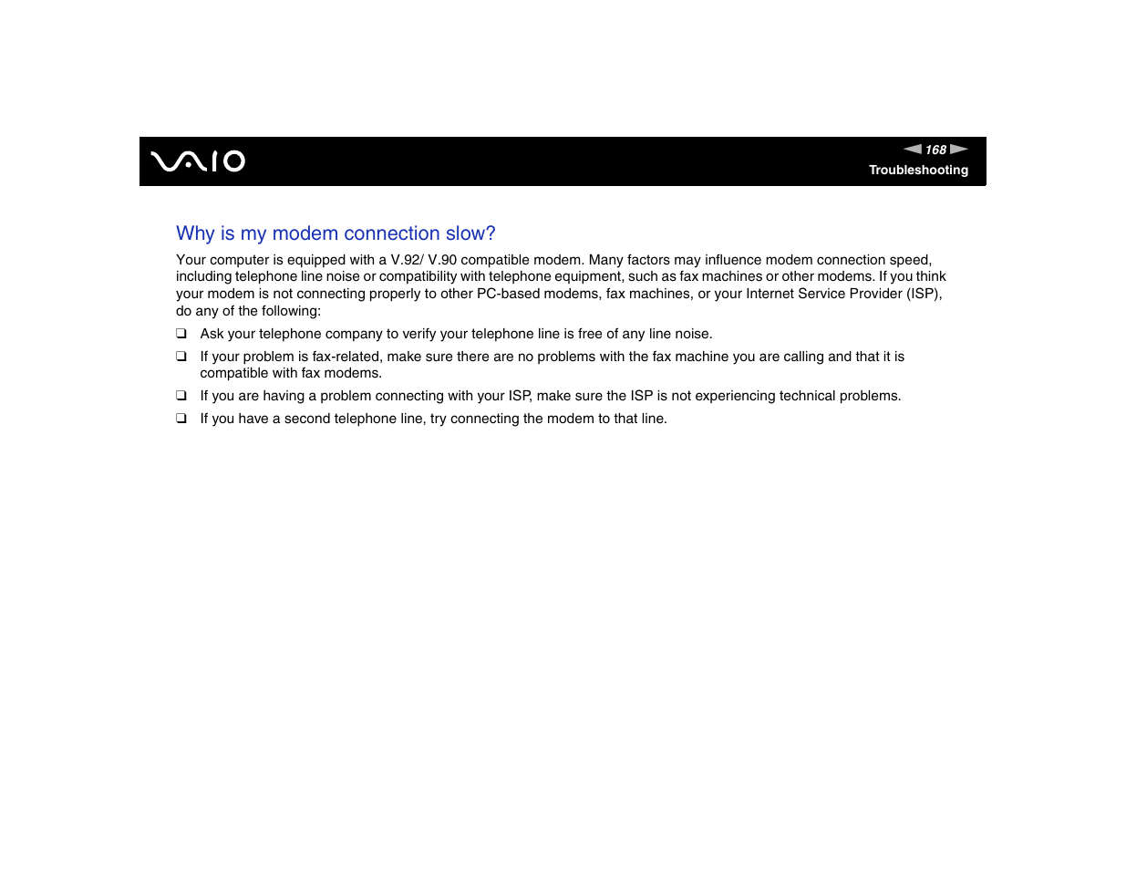 Why is my modem connection slow | Sony VGN-TXN17P User Manual | Page 168 / 212