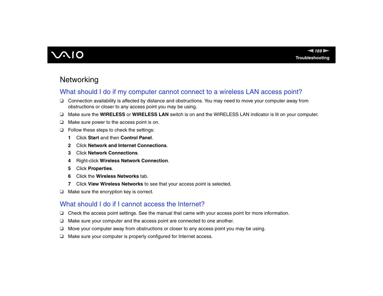 Networking, What should i do if i cannot access the internet | Sony VGN-TXN17P User Manual | Page 169 / 212