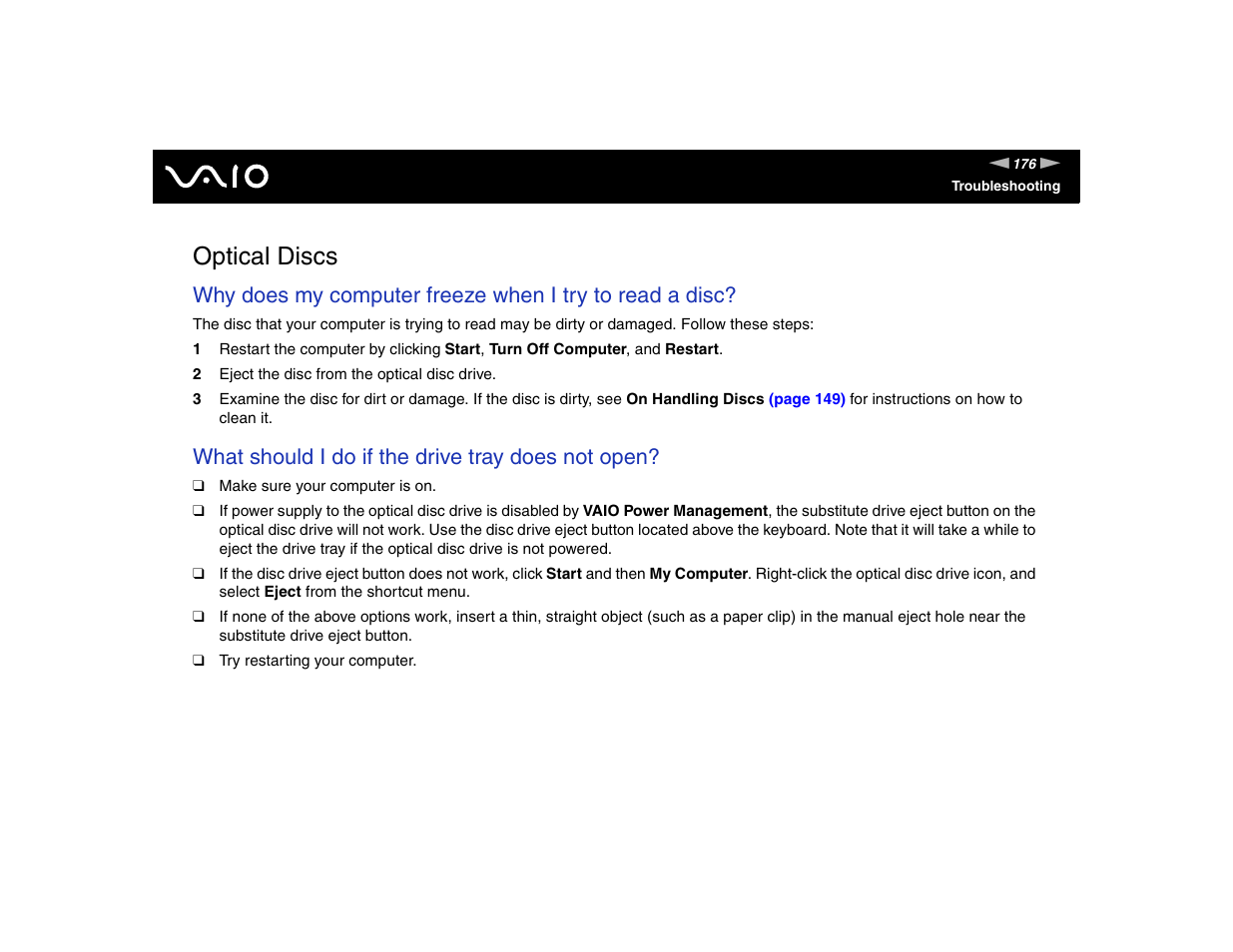 Optical discs, What should i do if the drive tray does not open | Sony VGN-TXN17P User Manual | Page 176 / 212