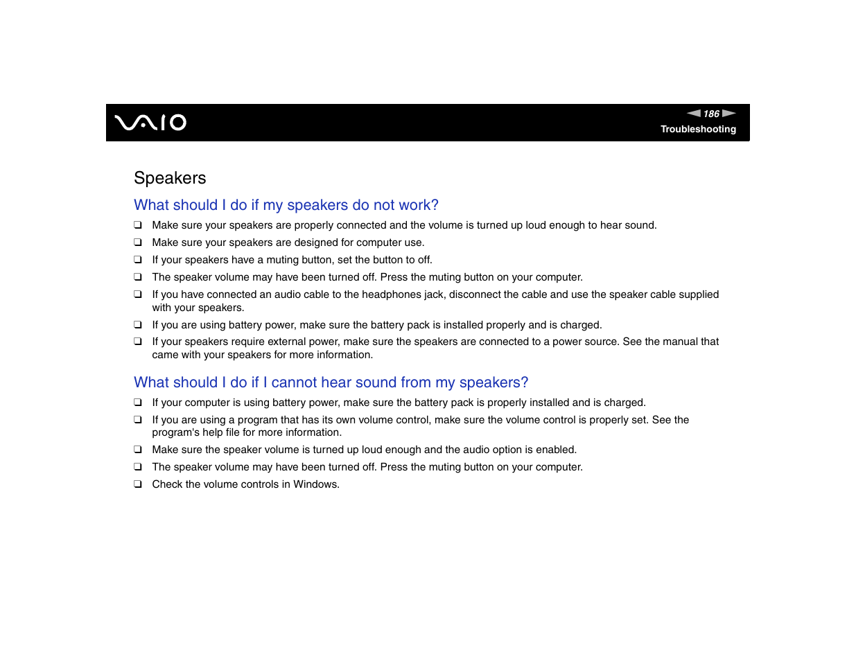 Speakers, What should i do if my speakers do not work | Sony VGN-TXN17P User Manual | Page 186 / 212