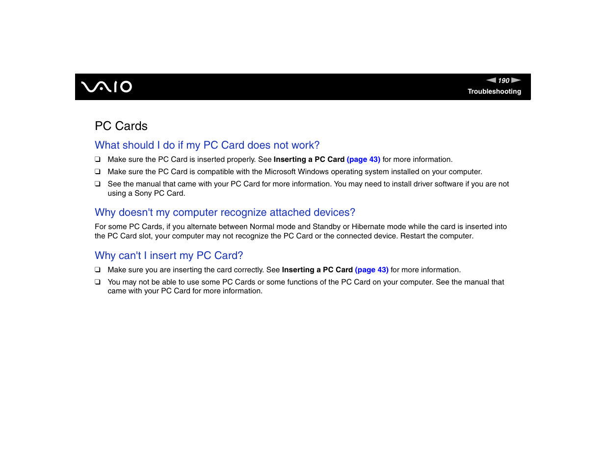 Pc cards, What should i do if my pc card does not work, Why doesn't my computer recognize attached devices | Why can't i insert my pc card | Sony VGN-TXN17P User Manual | Page 190 / 212