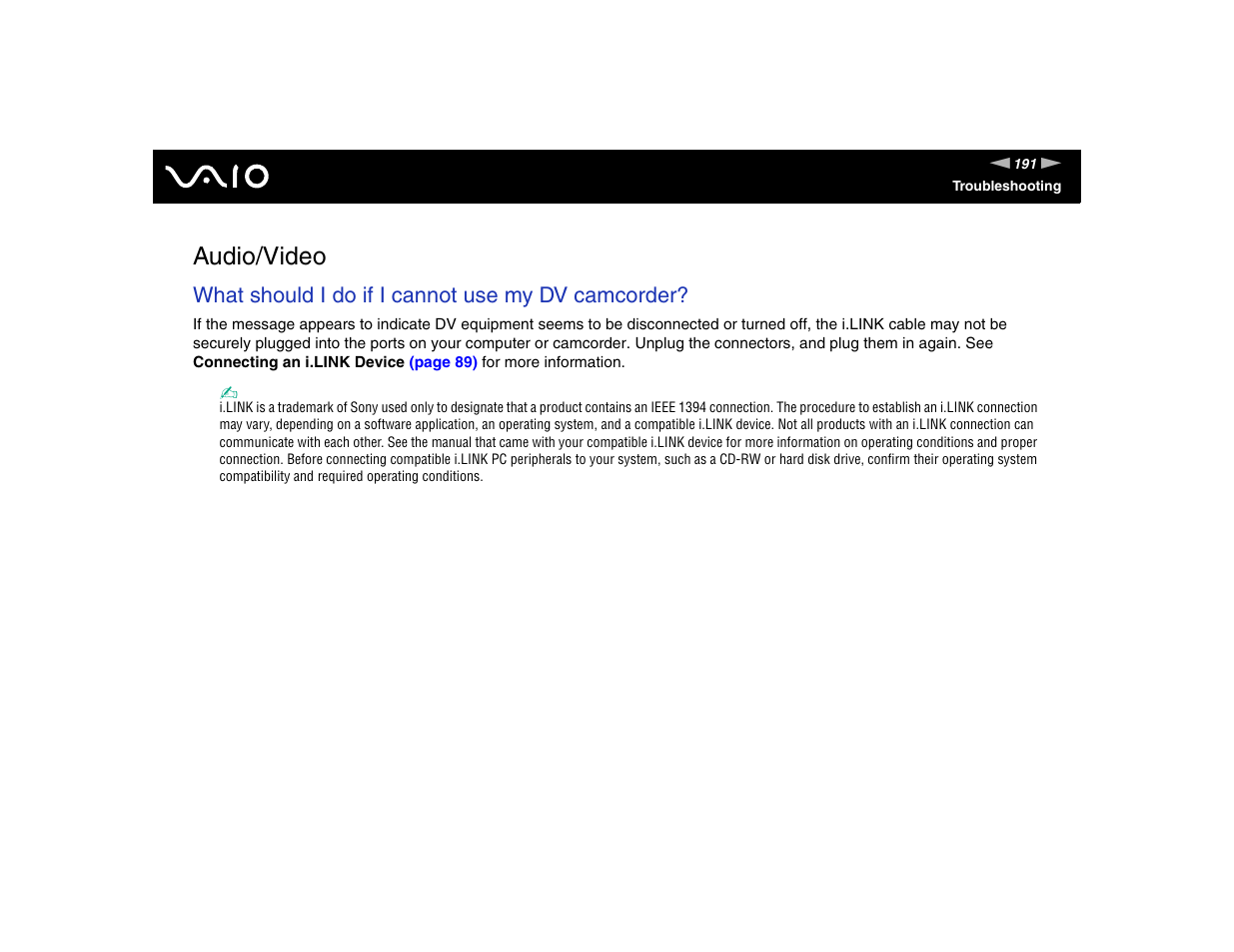 Audio/video, What should i do if i cannot use my dv camcorder | Sony VGN-TXN17P User Manual | Page 191 / 212