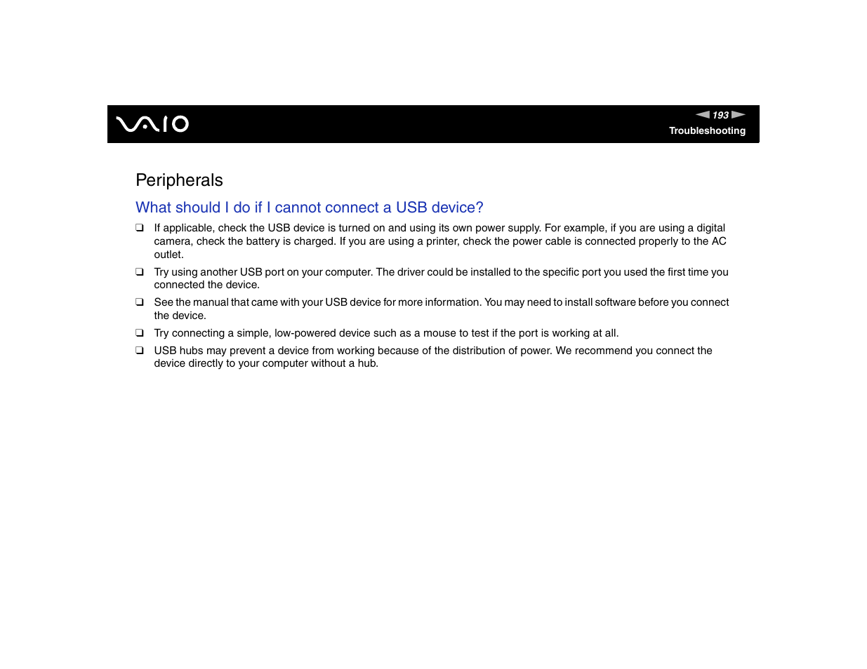 Peripherals, Ripherals, What should i do if i cannot connect a usb device | Sony VGN-TXN17P User Manual | Page 193 / 212