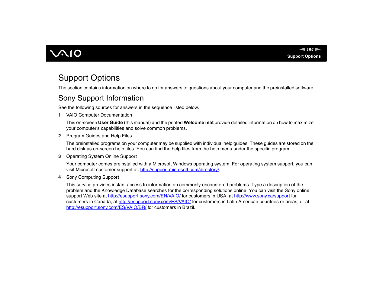 Support options, Sony support information | Sony VGN-TXN17P User Manual | Page 194 / 212