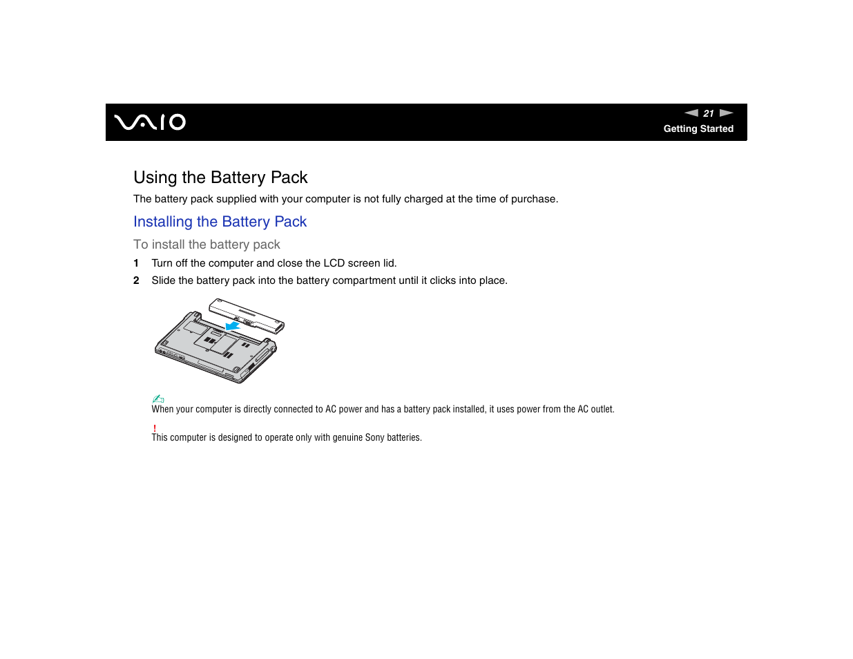 Using the battery pack, Installing the battery pack | Sony VGN-TXN17P User Manual | Page 21 / 212