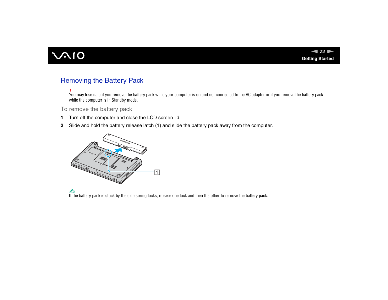 Removing the battery pack | Sony VGN-TXN17P User Manual | Page 24 / 212