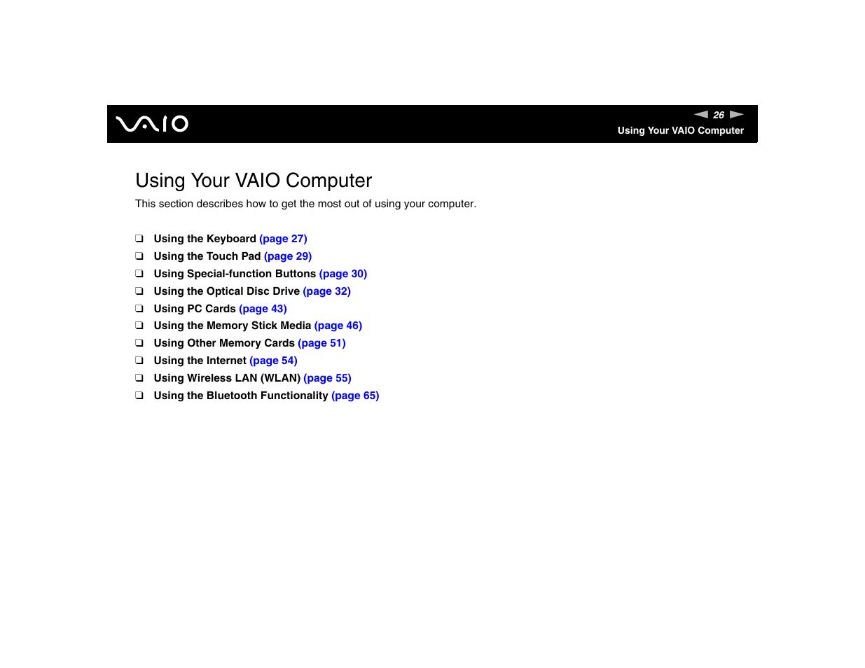 Using your vaio computer | Sony VGN-TXN17P User Manual | Page 26 / 212