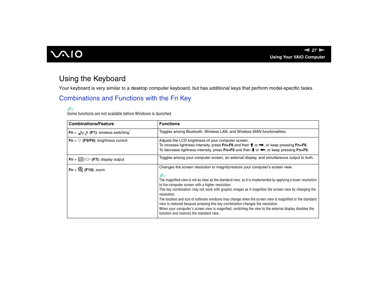 Using the keyboard, Combinations and functions with the fn key | Sony VGN-TXN17P User Manual | Page 27 / 212