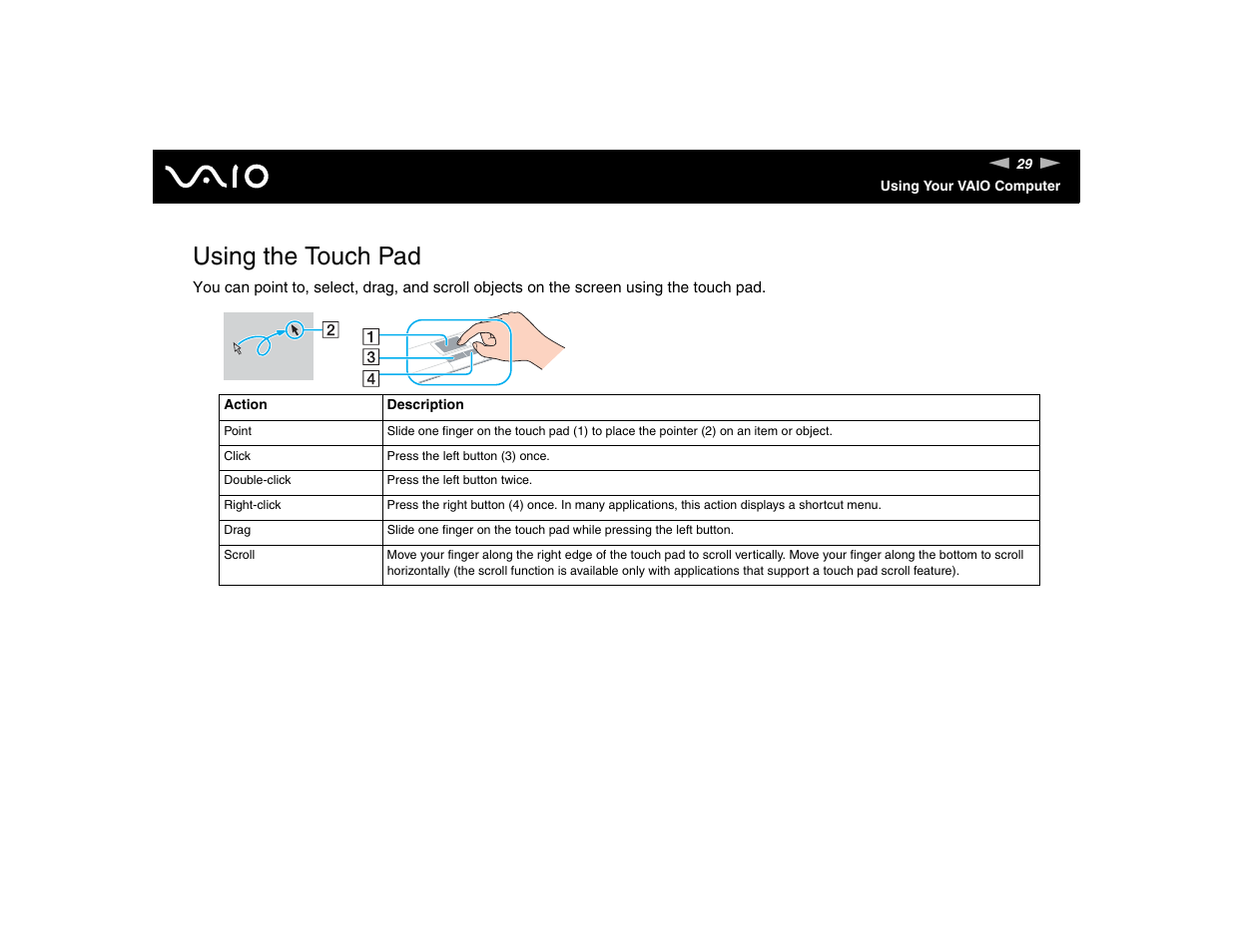 Using the touch pad | Sony VGN-TXN17P User Manual | Page 29 / 212