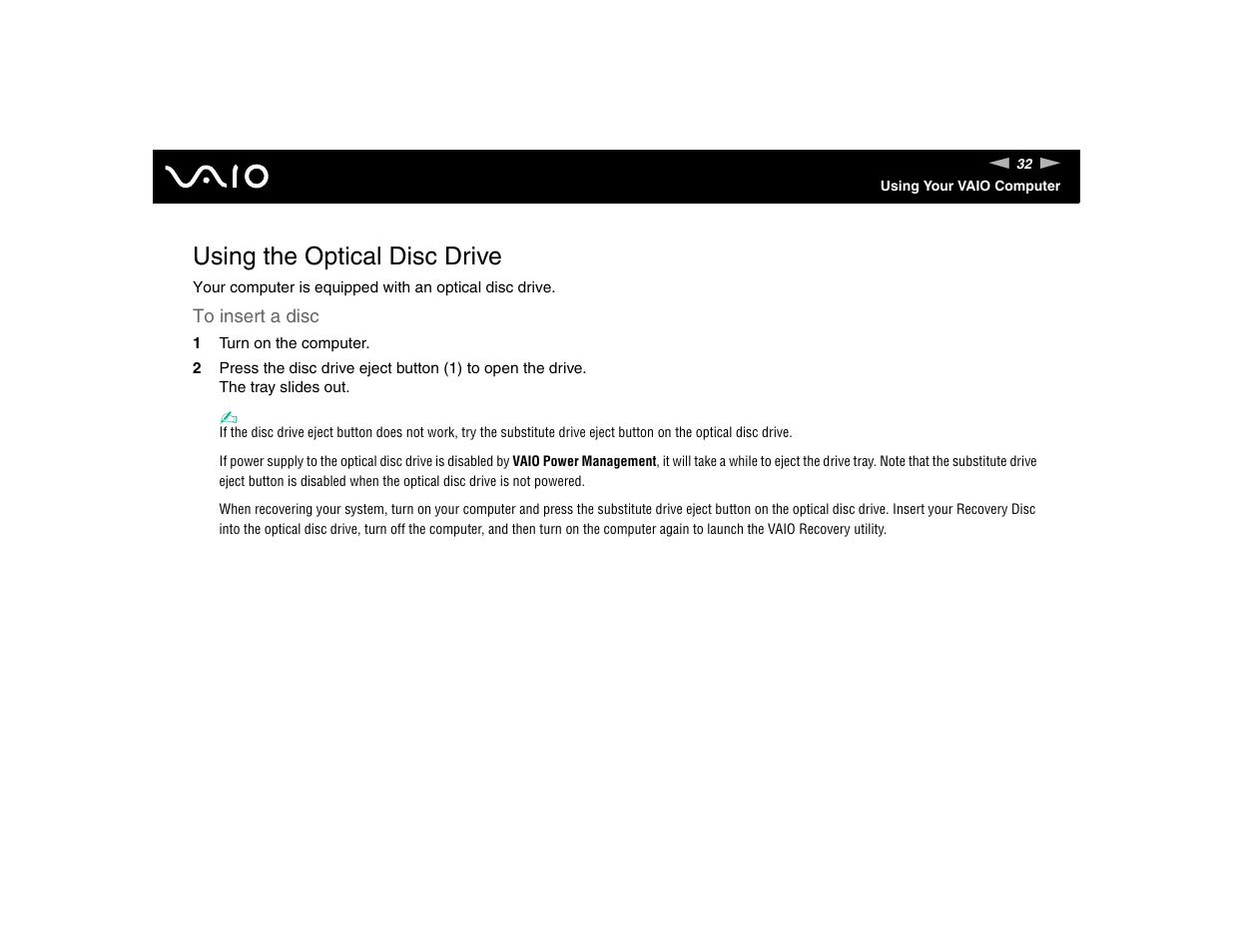 Using the optical disc drive | Sony VGN-TXN17P User Manual | Page 32 / 212