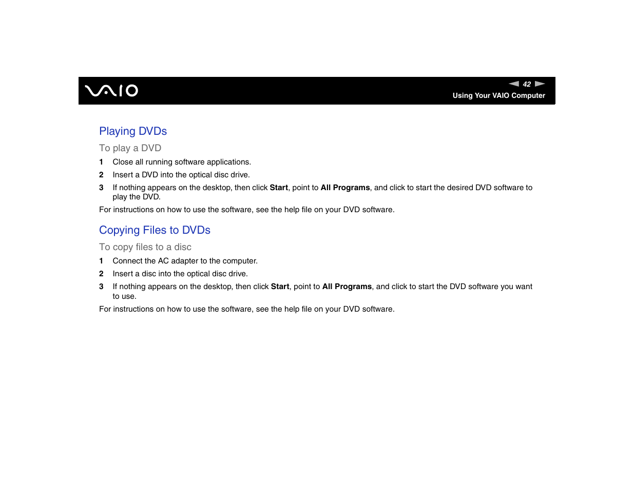 Playing dvds, Copying files to dvds | Sony VGN-TXN17P User Manual | Page 42 / 212