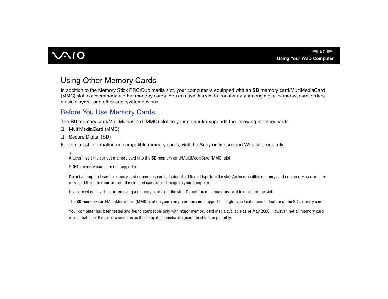 Using other memory cards | Sony VGN-TXN17P User Manual | Page 51 / 212