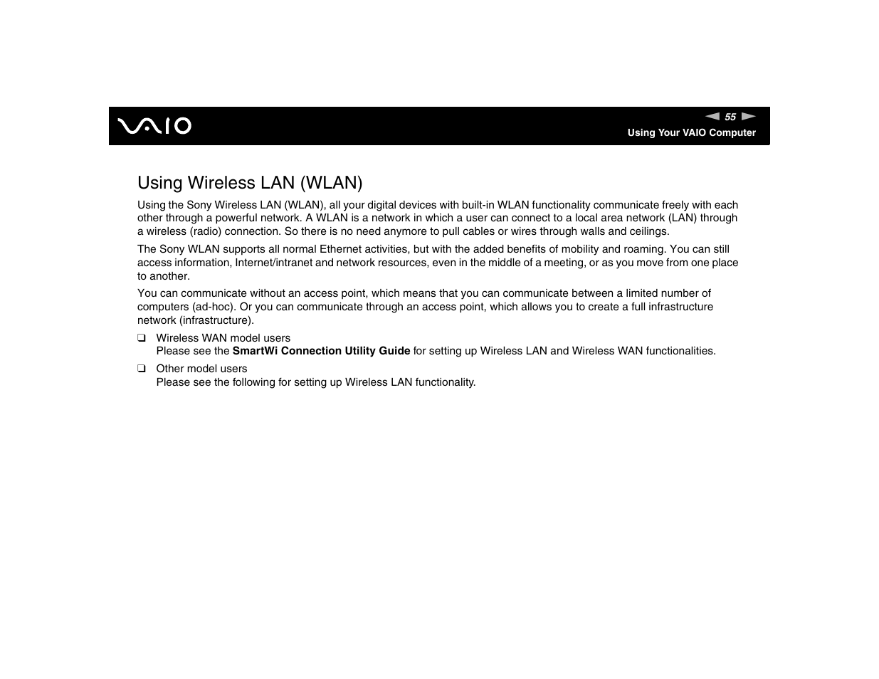 Using wireless lan (wlan) | Sony VGN-TXN17P User Manual | Page 55 / 212