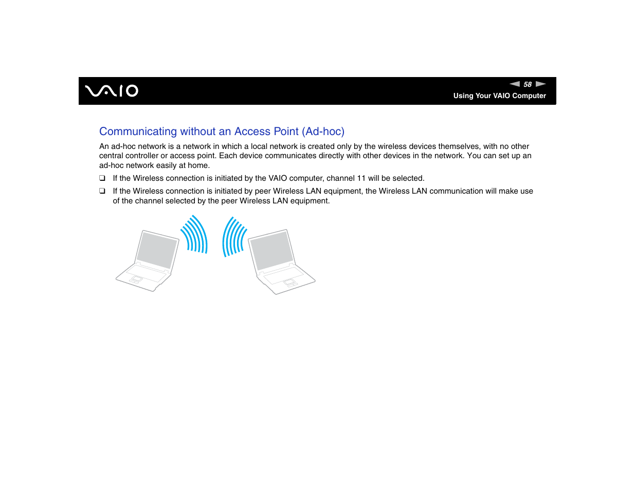 Communicating without an access point (ad-hoc) | Sony VGN-TXN17P User Manual | Page 58 / 212