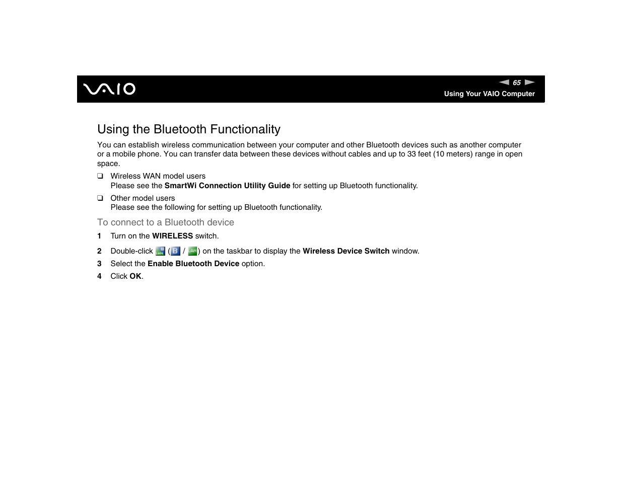 Using the bluetooth functionality | Sony VGN-TXN17P User Manual | Page 65 / 212