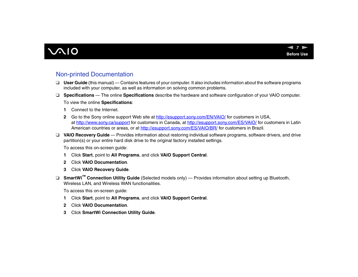 Non-printed documentation | Sony VGN-TXN17P User Manual | Page 7 / 212