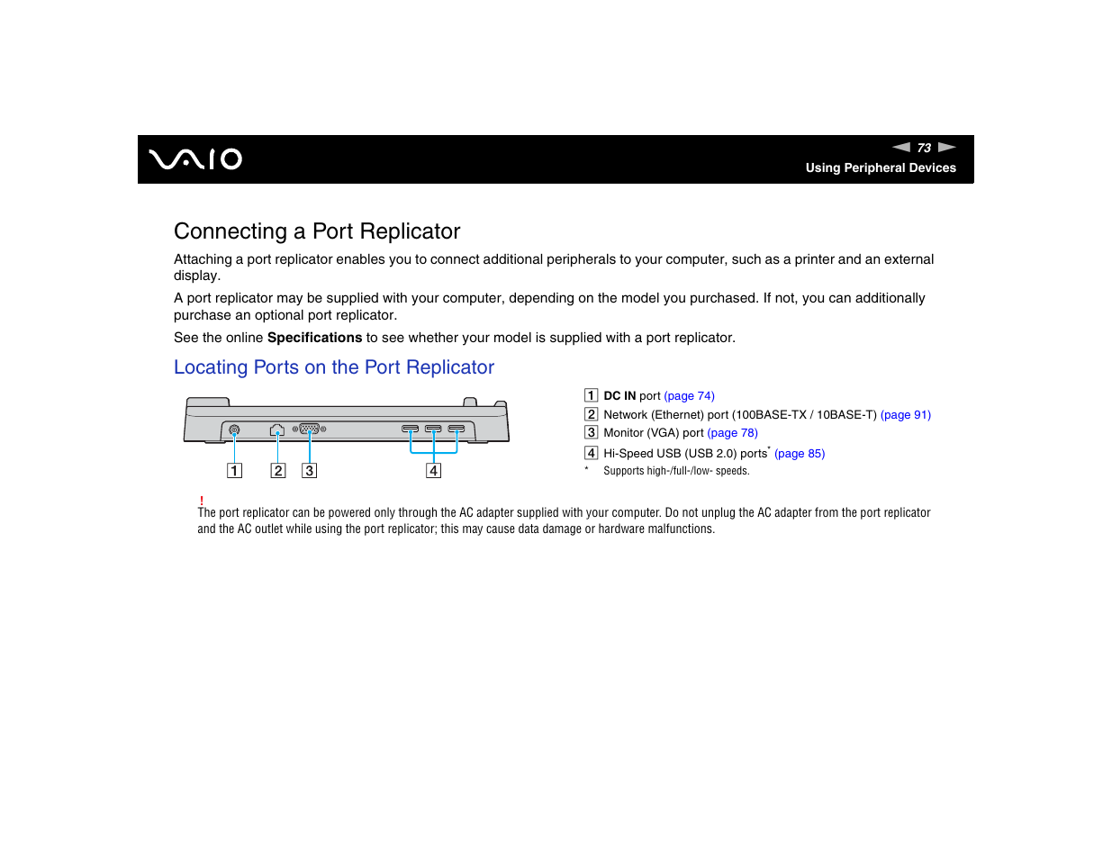 Connecting a port replicator, Locating ports on the port replicator | Sony VGN-TXN17P User Manual | Page 73 / 212