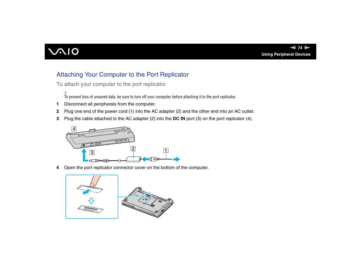 Attaching your computer to the port replicator | Sony VGN-TXN17P User Manual | Page 74 / 212