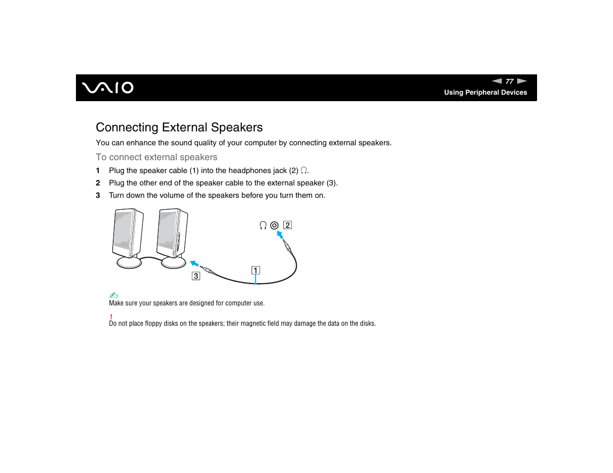 Connecting external speakers | Sony VGN-TXN17P User Manual | Page 77 / 212