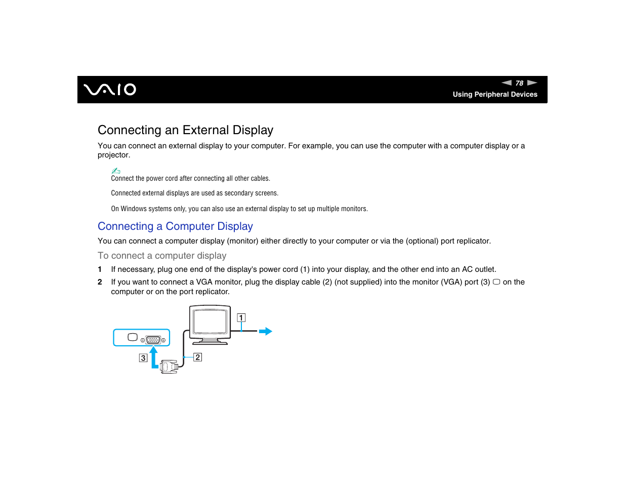 Connecting an external display, Connecting a computer display | Sony VGN-TXN17P User Manual | Page 78 / 212