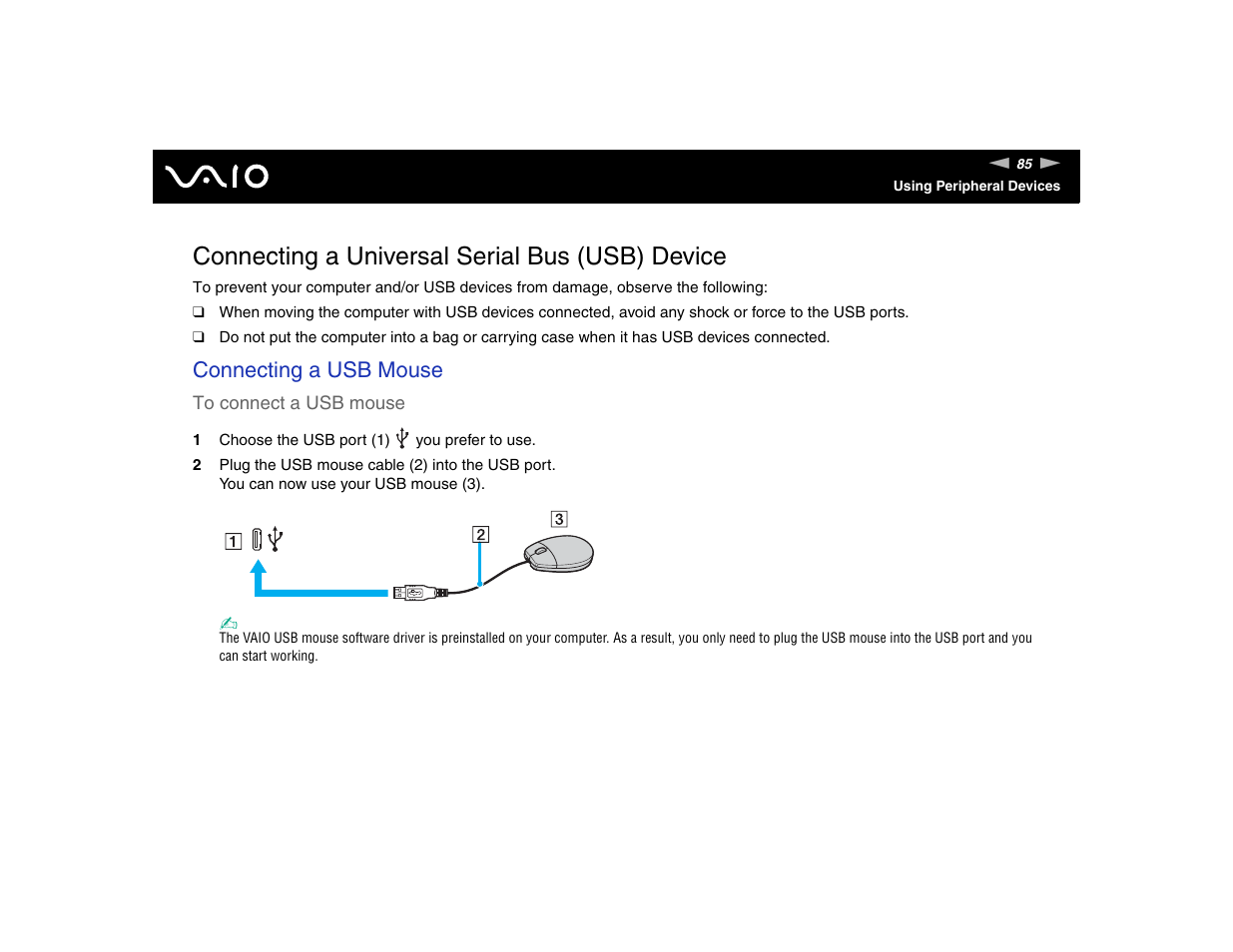 Connecting a universal serial bus (usb) device, Connecting a usb mouse | Sony VGN-TXN17P User Manual | Page 85 / 212