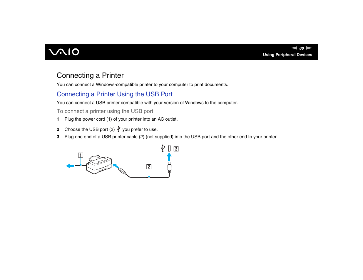 Connecting a printer, Connecting a printer using the usb port | Sony VGN-TXN17P User Manual | Page 88 / 212