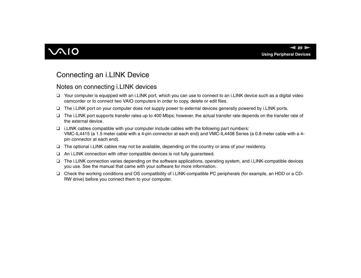 Connecting an i.link device | Sony VGN-TXN17P User Manual | Page 89 / 212