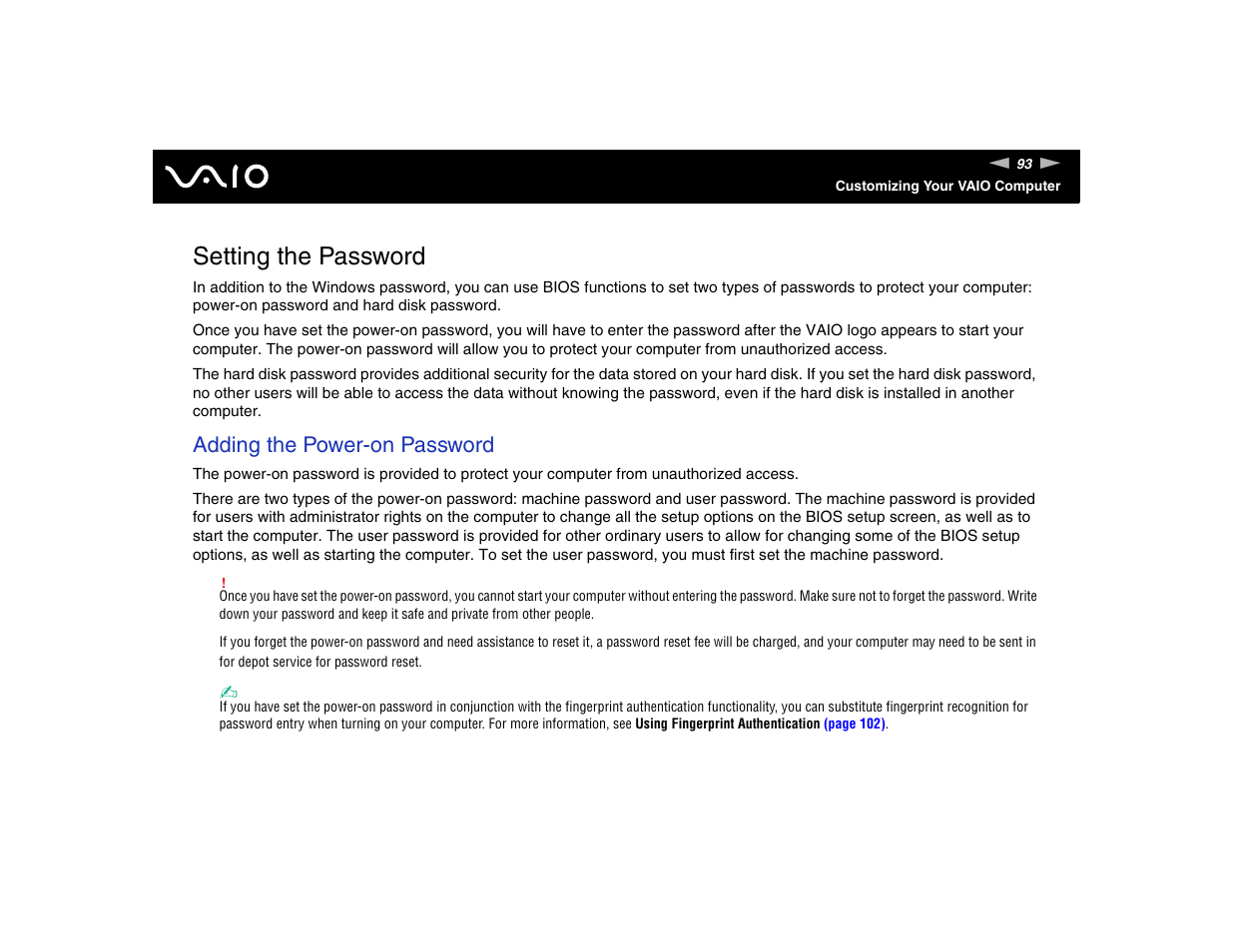 Setting the password, Adding the power-on password | Sony VGN-TXN17P User Manual | Page 93 / 212