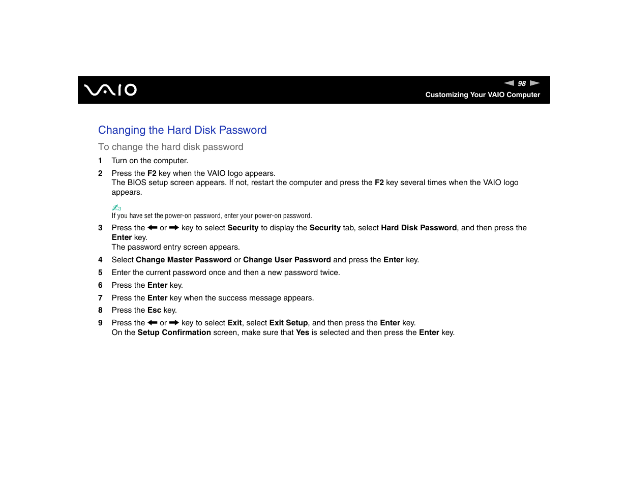 Changing the hard disk password | Sony VGN-TXN17P User Manual | Page 98 / 212