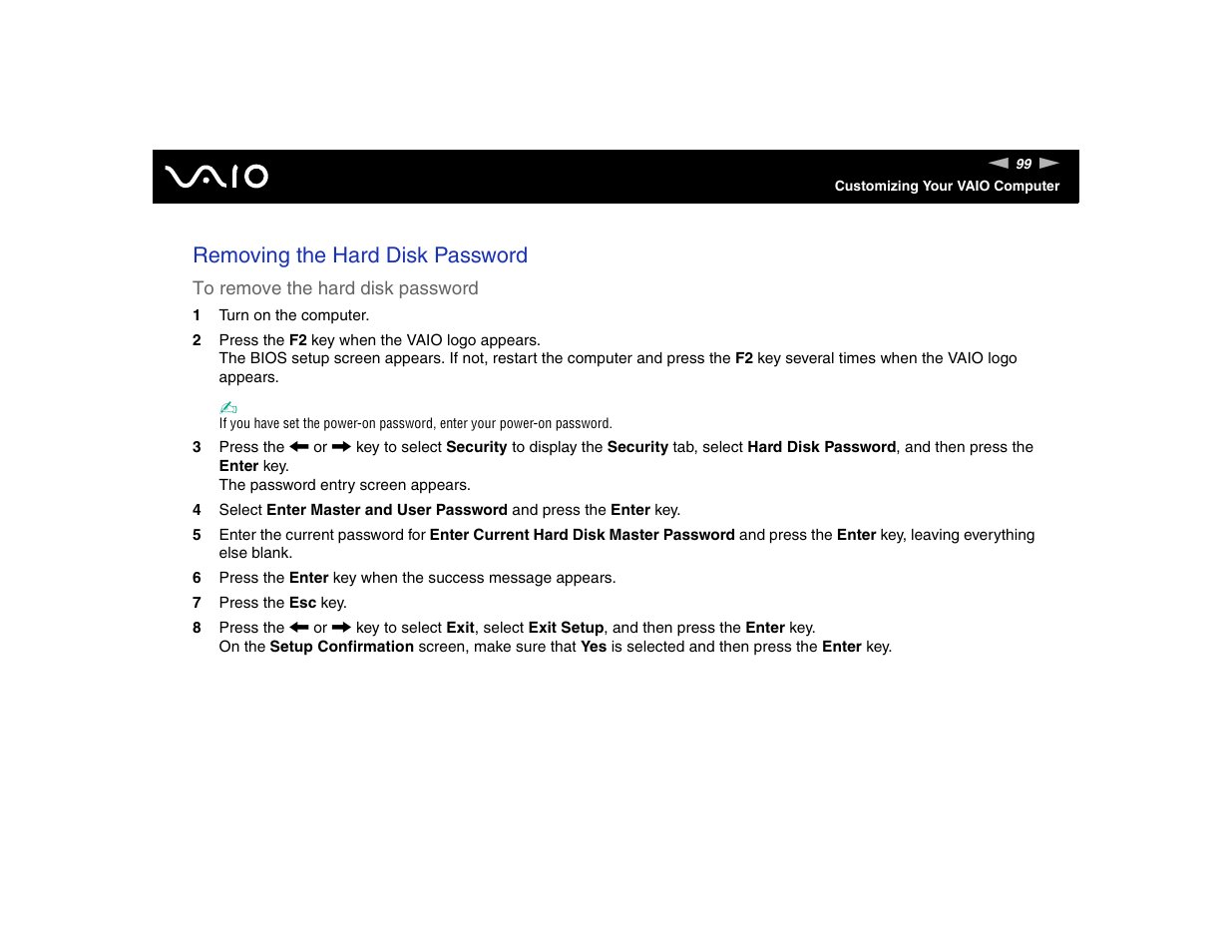 Removing the hard disk password | Sony VGN-TXN17P User Manual | Page 99 / 212