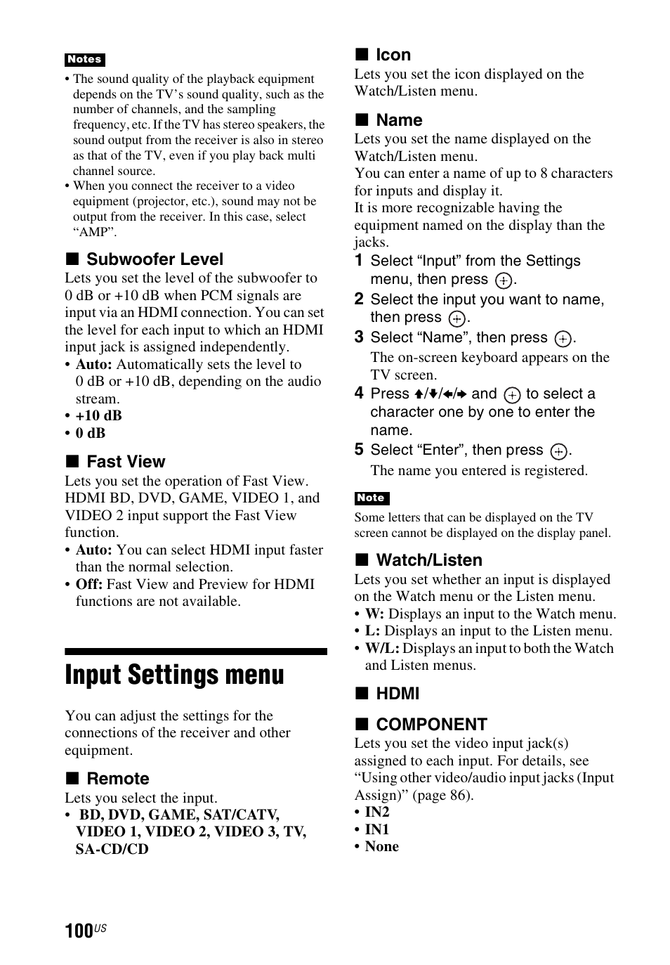 Input settings menu | Sony STR-DN1040 User Manual | Page 100 / 136