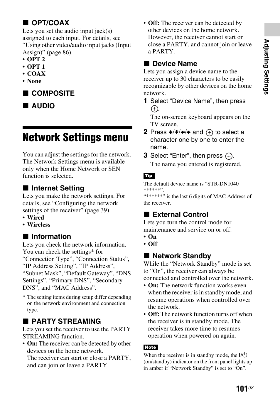 Network settings menu | Sony STR-DN1040 User Manual | Page 101 / 136