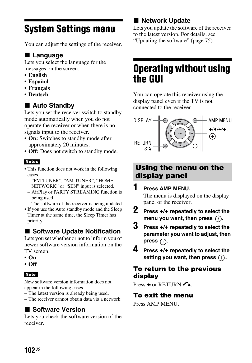 System settings menu, Operating without using the gui, System settings menu operating without using the | Using the menu on the display panel | Sony STR-DN1040 User Manual | Page 102 / 136