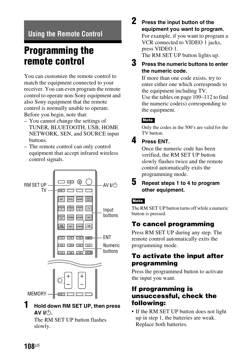 Using the remote control, Programming the remote control, Programming the remote | Control | Sony STR-DN1040 User Manual | Page 108 / 136