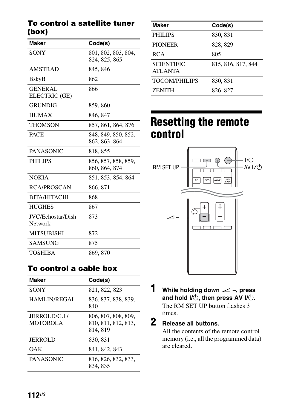 Resetting the remote control | Sony STR-DN1040 User Manual | Page 112 / 136